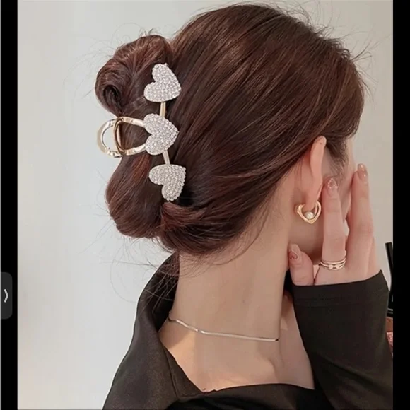Elegant Gold Heart Hair Clip 2 Golden Hair Clip Heart 1 Rhinestone Hair Clip - Picture 7 of 9